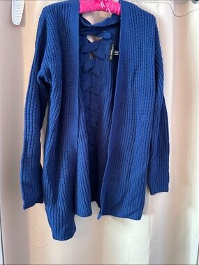 Derek Heart Royal Blue Open-Front Knit Cardigan with Ladder Back